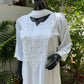 White Women Maslin top with cotton thread embroidered work stitched Kurta with Palazzo & Dupatta Set