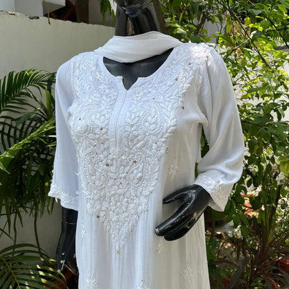 White Women Maslin top with cotton thread embroidered work stitched Kurta with Palazzo & Dupatta Set