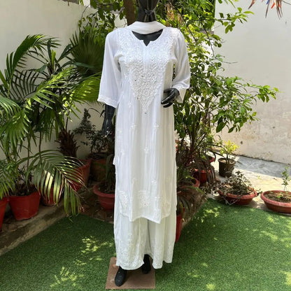 White Women Maslin top with cotton thread embroidered work stitched Kurta with Palazzo & Dupatta Set