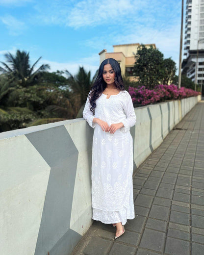 White Women Maslin top with cotton thread embroidered work stitched Kurta with Palazzo & Dupatta Set