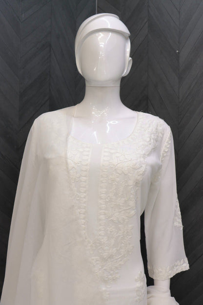 White Women Maslin top with cotton thread embroidered work stitched Kurta with Palazzo & Dupatta Set