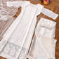 White Women Maslin top with cotton thread embroidered work stitched Kurta with Palazzo & Dupatta Set