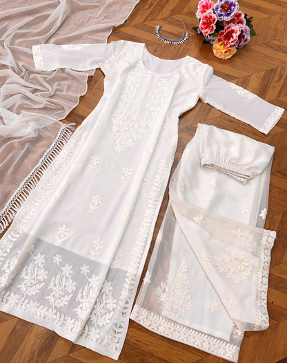 White Women Maslin top with cotton thread embroidered work stitched Kurta with Palazzo & Dupatta Set