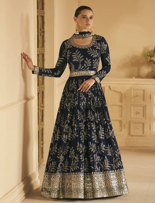 Blue Faux Georgette Full Sleeve Anarkali Gown with Dupatta, Embroidered Indian Dress for Weddings