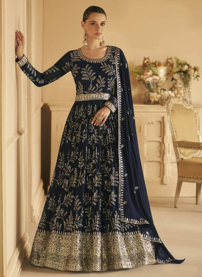 Blue Faux Georgette Full Sleeve Anarkali Gown with Dupatta, Embroidered Indian Dress for Weddings
