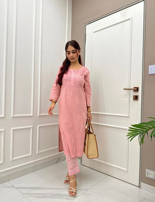 Pink Hand Embroidered New Lucknowi Chikankari Chanderi Kurta Set for Women