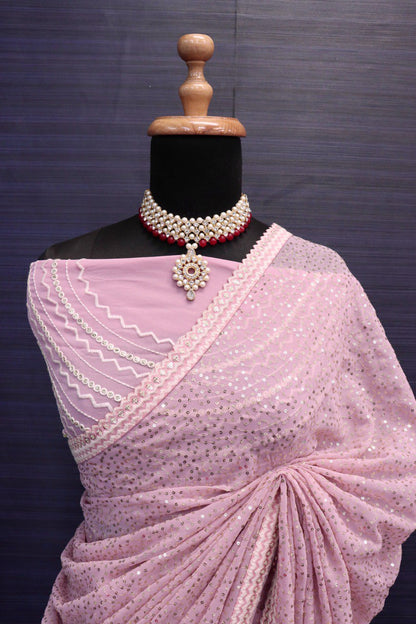 BABY PINK PRESENTING FAUX GEORGETTE DESIGNER SAREE WITH FANCY THREAD AND SEQUENCE WORK