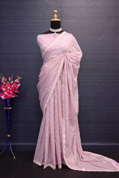 BABY PINK PRESENTING FAUX GEORGETTE DESIGNER SAREE WITH FANCY THREAD AND SEQUENCE WORK