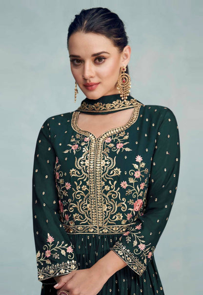 Women's Rama Faux Georgette Stitched Top with Bottom and Dupatta Full Sleeve Embroidered Straight Kurta
