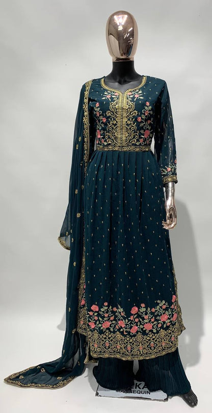 Women's Rama Faux Georgette Stitched Top with Bottom and Dupatta Full Sleeve Embroidered Straight Kurta