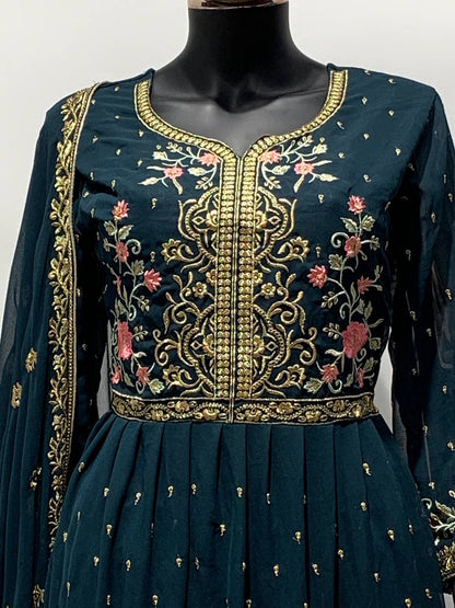 Women's Rama Faux Georgette Stitched Top with Bottom and Dupatta Full Sleeve Embroidered Straight Kurta