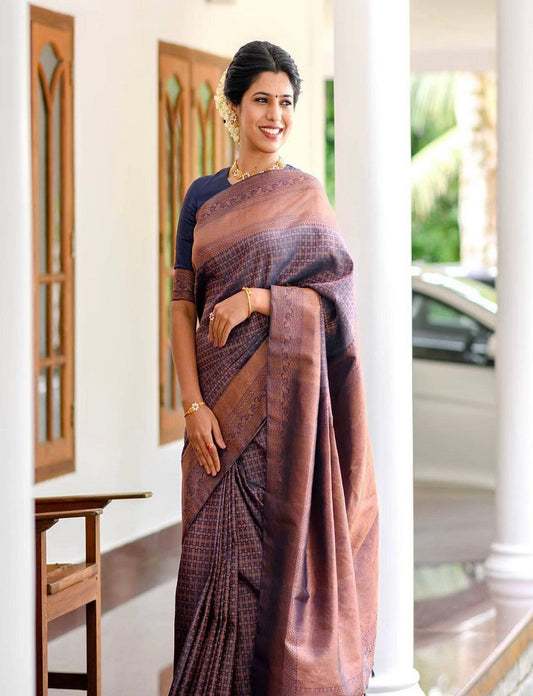 Blue & Maroon  Kanchipuram Soft Lichi Silk Saree Bold And Beautiful Weaving Banarasi  Silk Exclusive Indian Wedding Saree