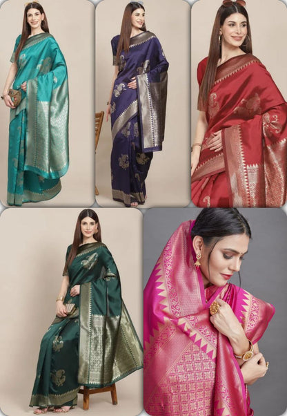 Pink Woven Kanjivaram Banarasi Jacquard Silk Saree with Golden Zari Work , Pure Silk Saree  For Womens