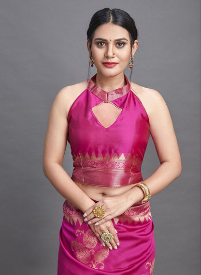 Pink Woven Kanjivaram Banarasi Jacquard Silk Saree with Golden Zari Work , Pure Silk Saree  For Womens