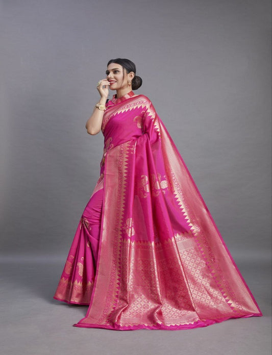 Pink Woven Kanjivaram Banarasi Jacquard Silk Saree with Golden Zari Work , Pure Silk Saree  For Womens