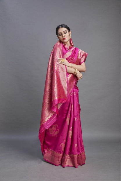 Pink Woven Kanjivaram Banarasi Jacquard Silk Saree with Golden Zari Work , Pure Silk Saree  For Womens