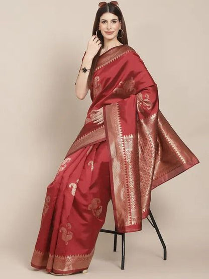 Pink Woven Kanjivaram Banarasi Jacquard Silk Saree with Golden Zari Work , Pure Silk Saree  For Womens