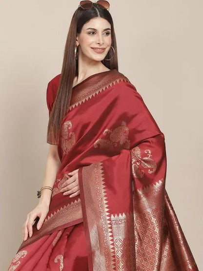 Pink Woven Kanjivaram Banarasi Jacquard Silk Saree with Golden Zari Work , Pure Silk Saree  For Womens