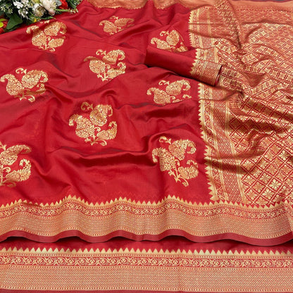 Pink Woven Kanjivaram Banarasi Jacquard Silk Saree with Golden Zari Work , Pure Silk Saree  For Womens