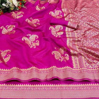 Pink Woven Kanjivaram Banarasi Jacquard Silk Saree with Golden Zari Work , Pure Silk Saree  For Womens