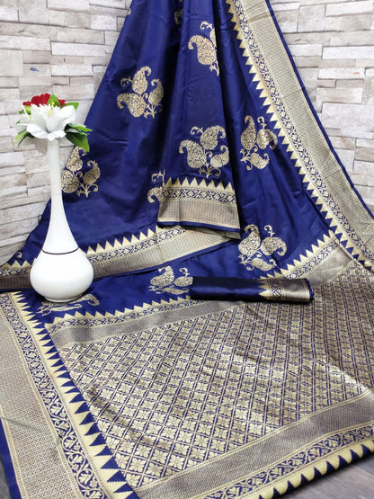 Pink Woven Kanjivaram Banarasi Jacquard Silk Saree with Golden Zari Work , Pure Silk Saree  For Womens