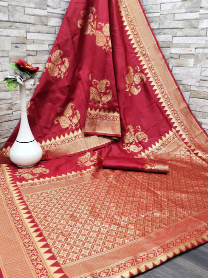 Pink Woven Kanjivaram Banarasi Jacquard Silk Saree with Golden Zari Work , Pure Silk Saree  For Womens