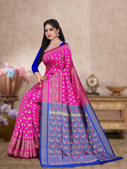 Women's Kanjivaram Silk Blend Booti Jacquard Saree With Blouse Piece Silk Blend Orgenza