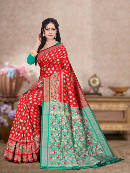 Women's Kanjivaram Silk Blend Booti Jacquard Saree With Blouse Piece Silk Blend Orgenza