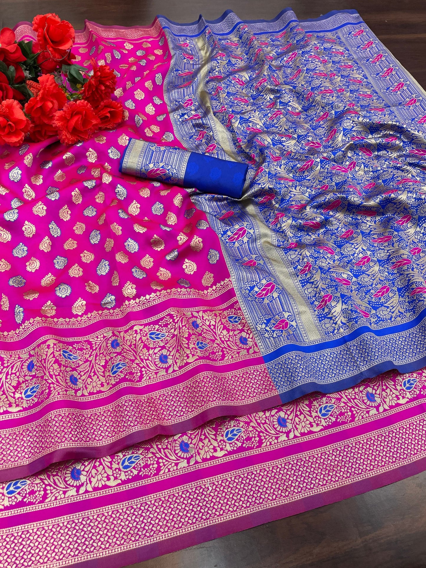 Women's Kanjivaram Silk Blend Booti Jacquard Saree With Blouse Piece Silk Blend Orgenza