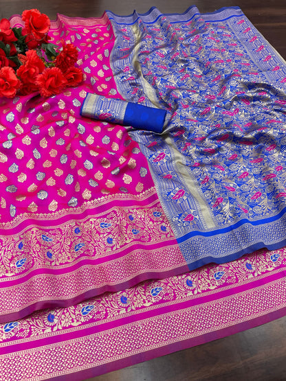 Women's Kanjivaram Silk Blend Booti Jacquard Saree With Blouse Piece Silk Blend Orgenza
