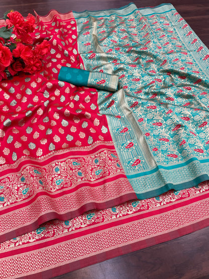 Women's Kanjivaram Silk Blend Booti Jacquard Saree With Blouse Piece Silk Blend Orgenza