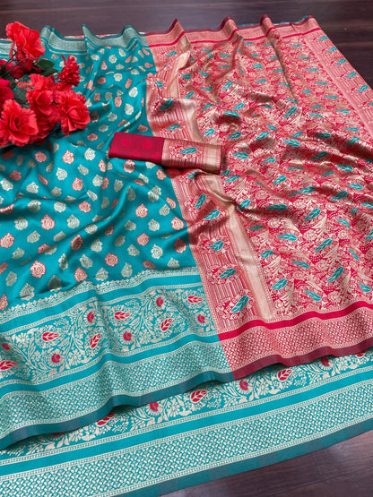 Women's Kanjivaram Silk Blend Booti Jacquard Saree With Blouse Piece Silk Blend Orgenza