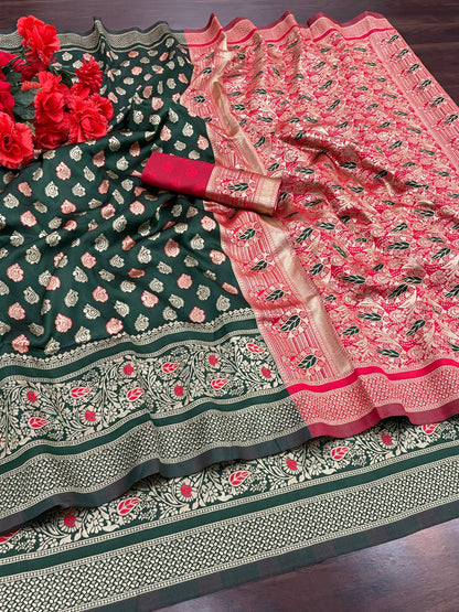 Women's Kanjivaram Silk Blend Booti Jacquard Saree With Blouse Piece Silk Blend Orgenza