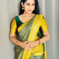 Exclusive green and yellow soft lichi silk saree for women, banarasi saree with zari weaving work for wedding, jacquard saree for function