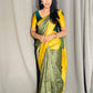 Exclusive green and yellow soft lichi silk saree for women, banarasi saree with zari weaving work for wedding, jacquard saree for function