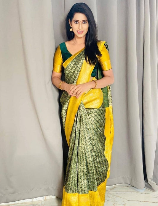 Exclusive green and yellow soft lichi silk saree for women, banarasi saree with zari weaving work for wedding, jacquard saree for function