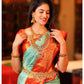 Pista_Orange Women Kanjivaram Zari Woven Banarasi Silk  Saree with Unstitched Contrast Blouse Piece