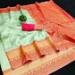 Pista_Orange Women Kanjivaram Zari Woven Banarasi Silk  Saree with Unstitched Contrast Blouse Piece