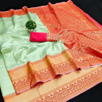 Pista_Orange Women Kanjivaram Zari Woven Banarasi Silk  Saree with Unstitched Contrast Blouse Piece