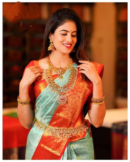 Pista_Orange Women Kanjivaram Zari Woven Banarasi Silk  Saree with Unstitched Contrast Blouse Piece