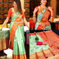 Pista_Orange Women Kanjivaram Zari Woven Banarasi Silk  Saree with Unstitched Contrast Blouse Piece
