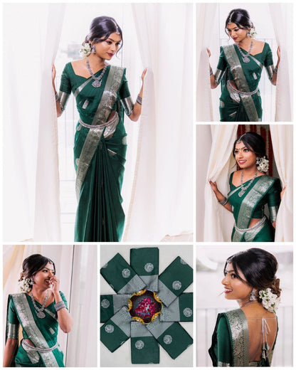 Sizzling Dark Green Soft Banarasi Silk Saree With Shining Silver Border And Beautiful Blouse Piece