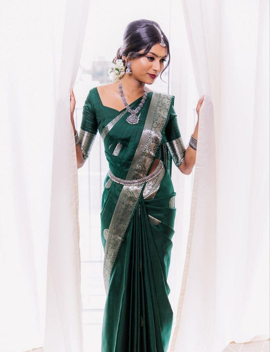 Sizzling Dark Green Soft Banarasi Silk Saree With Shining Silver Border And Beautiful Blouse Piece