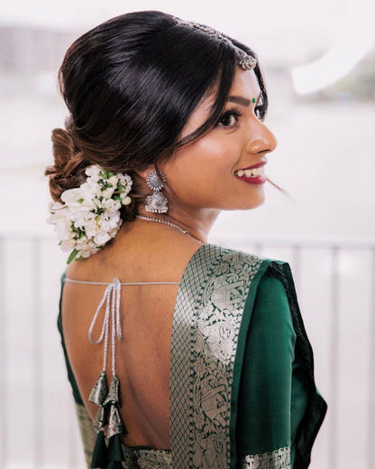 Sizzling Dark Green Soft Banarasi Silk Saree With Shining Silver Border And Beautiful Blouse Piece