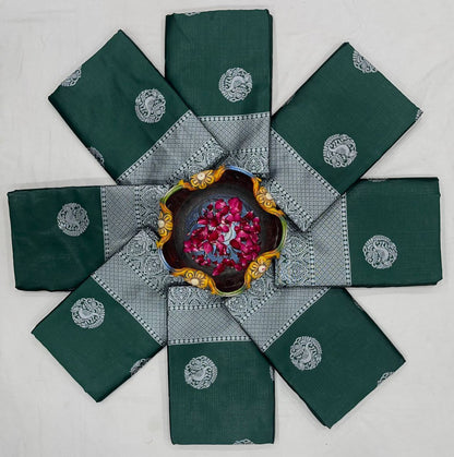 Sizzling Dark Green Soft Banarasi Silk Saree With Shining Silver Border And Beautiful Blouse Piece