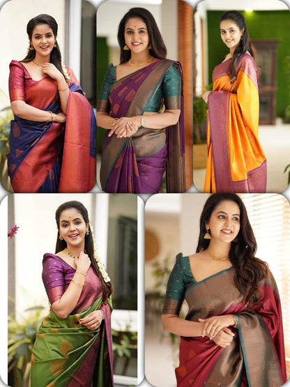 Floral Woven Banarasi Silk Saree with Contrast Border And Contrast Blouse Piece