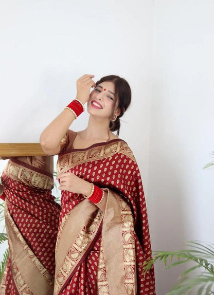 Beautiful Red Women Kanjeevaram Woven Banarasi Silk Saree with Contrast Border