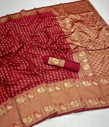 Beautiful Red Women Kanjeevaram Woven Banarasi Silk Saree with Contrast Border