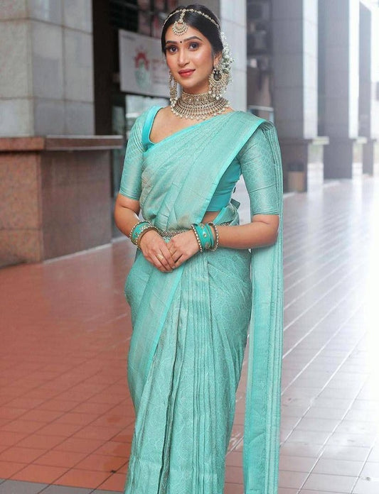 SKY BLUE Designer Silk Jacquard Saree For Bridesmade With Beautiful Blouse, Printed Saree For Wedding