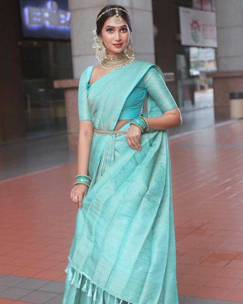 SKY BLUE Designer Silk Jacquard Saree For Bridesmade With Beautiful Blouse, Printed Saree For Wedding